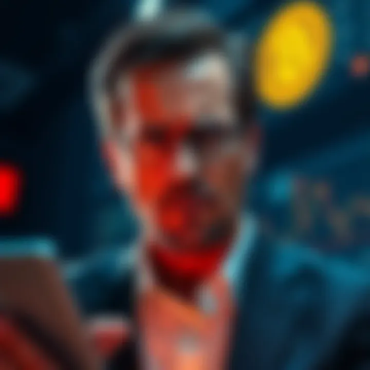 Saylor Selling Bitcoin A businessman looks concerned as he sells Bitcoin on a digital platform, reflecting market changes.