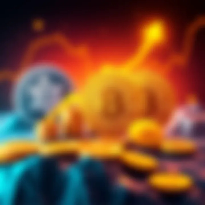 Illustration of Saylor and Blackrock logo icons above rising Bitcoin coins, symbolizing increased investments in the crypto market.