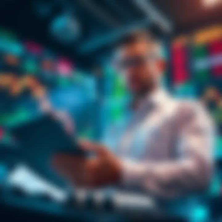 Tech entrepreneur Saylor actively purchasing shares in the stock market, surrounded by charts and financial reports.