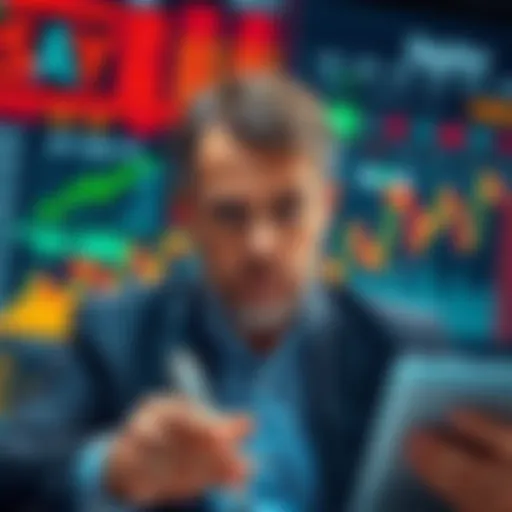 A graphic showing Michael Saylor analyzing financial trends, focusing on buying and selling strategies, alongside symbols of market volatility.