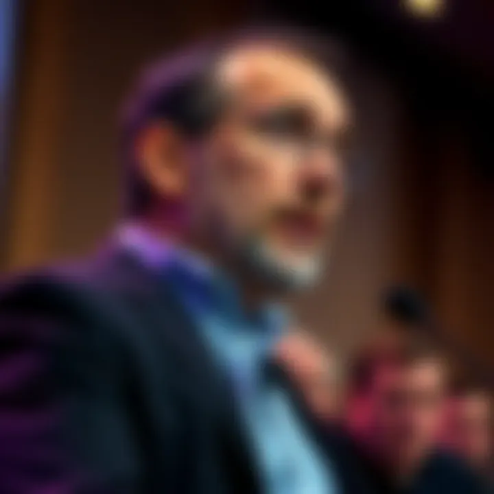 Michael Saylor speaks at a conference, addressing claims about Bitcoin's creator, Satoshi Nakamoto. He looks focused and determined as he explains his viewpoint.