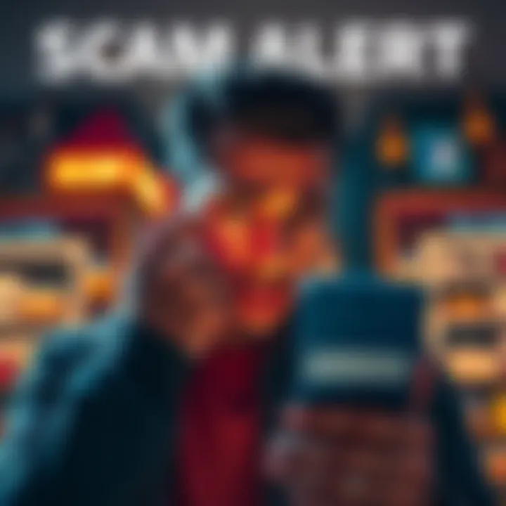 Scam Alert on Facebook Marketplace A worried person looking at a phone with a message about an online scam, holding their head in frustration.