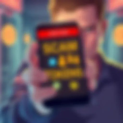 A digital illustration showing scam tokens appearing in a Ledger wallet app on a smartphone screen, with a worried user in the background.