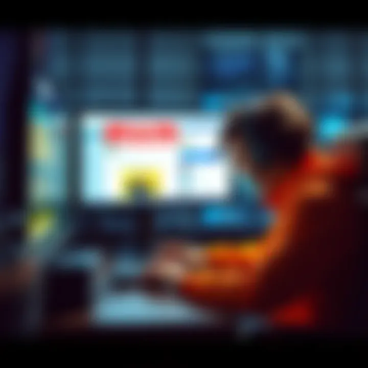 A person sitting at a computer, typing in an online forum while looking suspicious. The screen shows a fake guide advertisement.