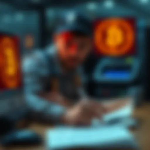 A person looking at a computer and notes while trying to find a lost bitcoin key