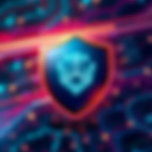 A shield representing security with a background of digital blockchain patterns, emphasizing Cardano's resilience against hacks.