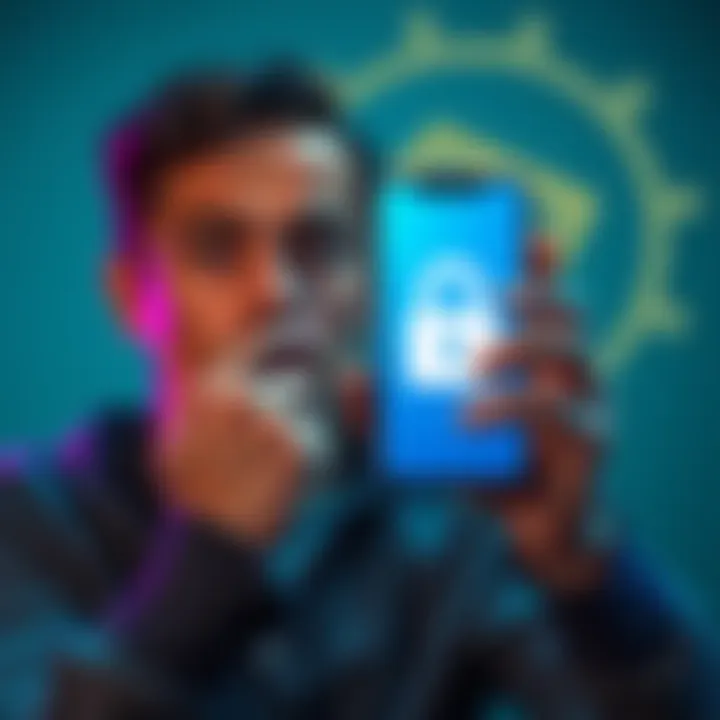 A person looking worried while holding a smartphone displaying a Coinbase withdrawal code, with a lock symbol in the background to emphasize security.