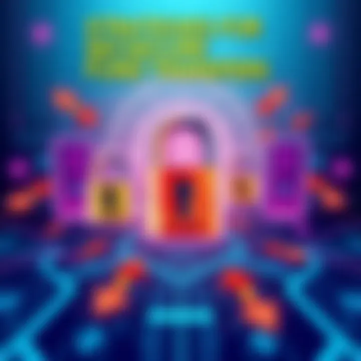 Illustration depicting safe digital transactions with secure locks and arrows indicating movement with caution signs