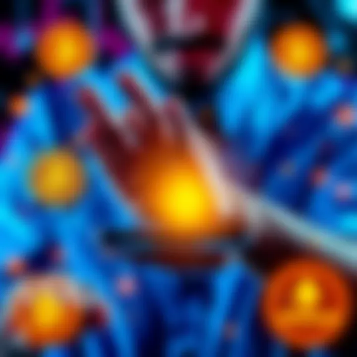 A person sharing a public key on a digital device, surrounded by Bitcoin and Ethereum symbols, representing safe transactions.