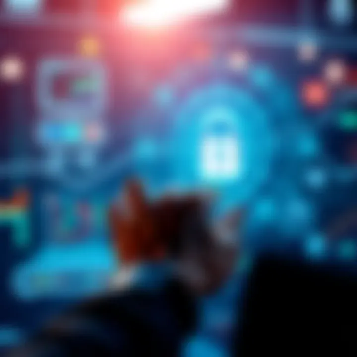 Person using a secure blockchain interface A person interacting with a digital interface showing quantum safe blockchain technology, highlighting security features for digital assets.