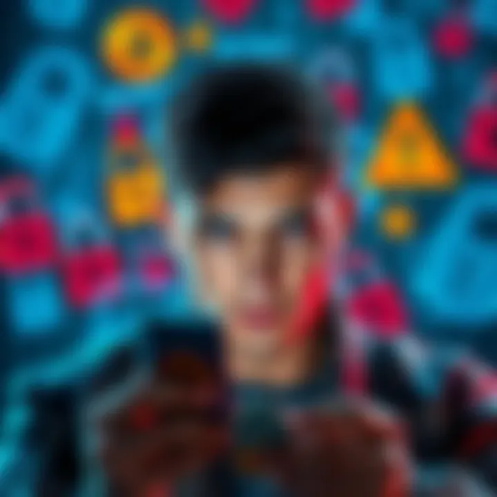 A person analyzing digital currencies with worried facial expression, surrounded by symbols of security like locks and warning signs