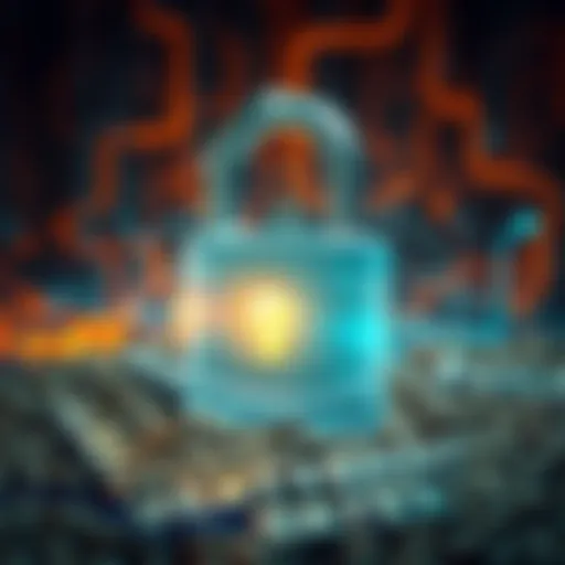 A visual representation of seed phrases and security measures, showing a lock with digital elements and seed words around it, symbolizing protection against attacks.