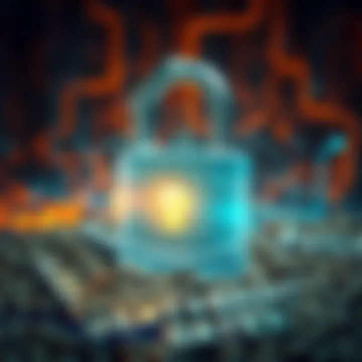 A visual representation of seed phrases and security measures, showing a lock with digital elements and seed words around it, symbolizing protection against attacks.