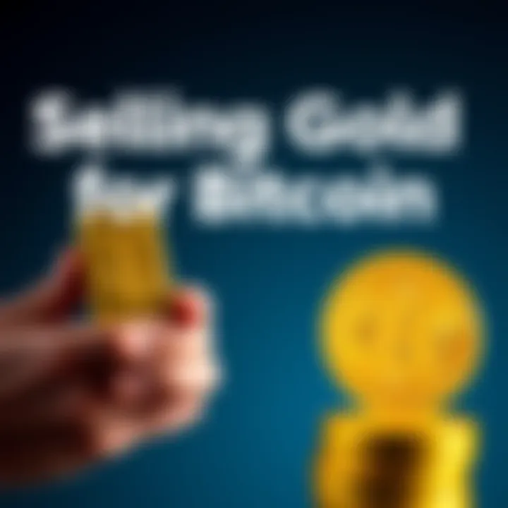 Selling Gold for Bitcoin A person holding a gold bar in one hand and a Bitcoin symbol in the other hand, symbolizing the shift from gold to cryptocurrency.
