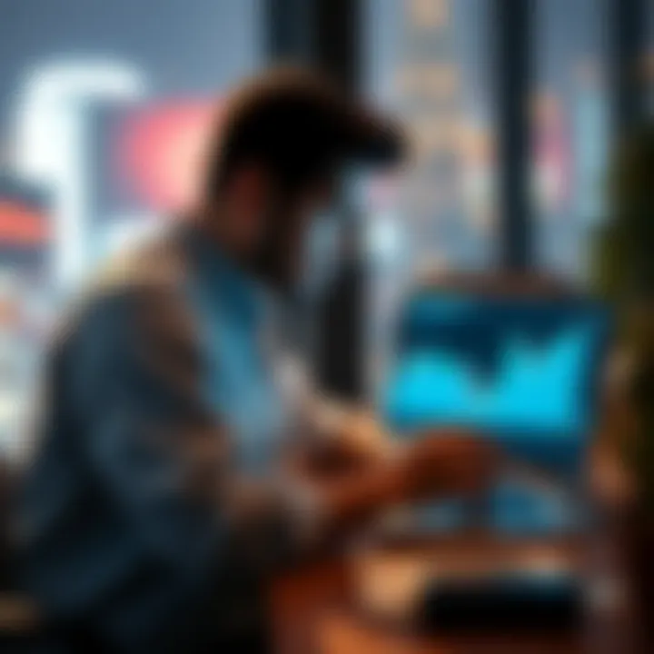 A person looking at a Dogecoin chart on a laptop while contemplating financial decisions.