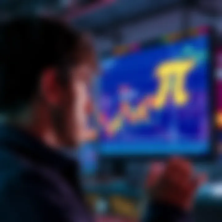 Selling or Holding Pi A person looking at a digital screen showing the low value of Pi with a thoughtful expression, contemplating whether to sell or hold their investment.