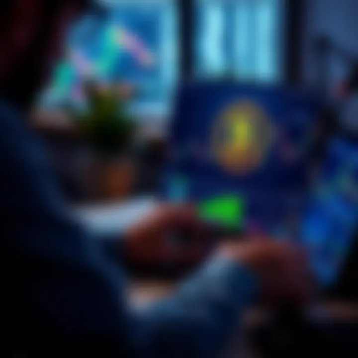 A person analyzing market trends on a laptop while considering selling Pi tokens, with a digital currency symbol on the screen.