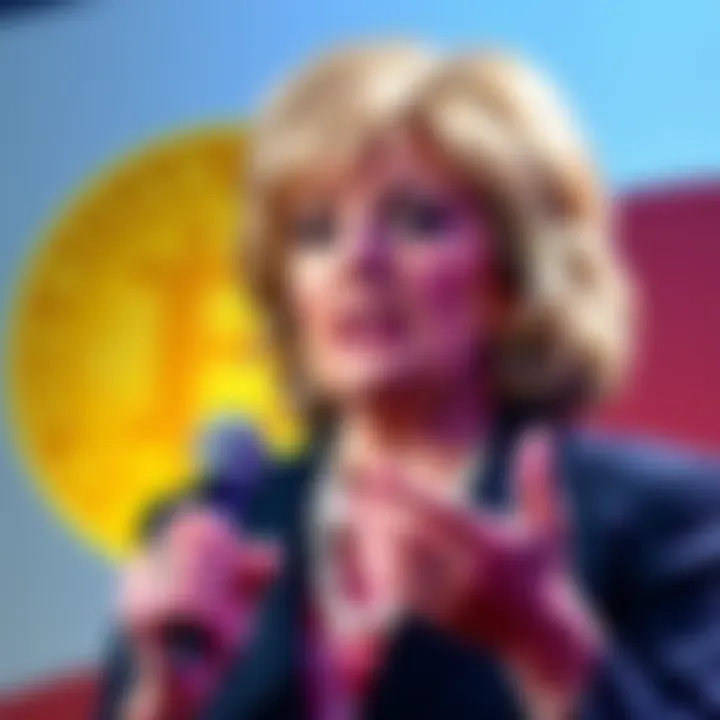 Senator Cynthia Lummis speaking about a crypto tax exemption with a Bitcoin symbol in the background.