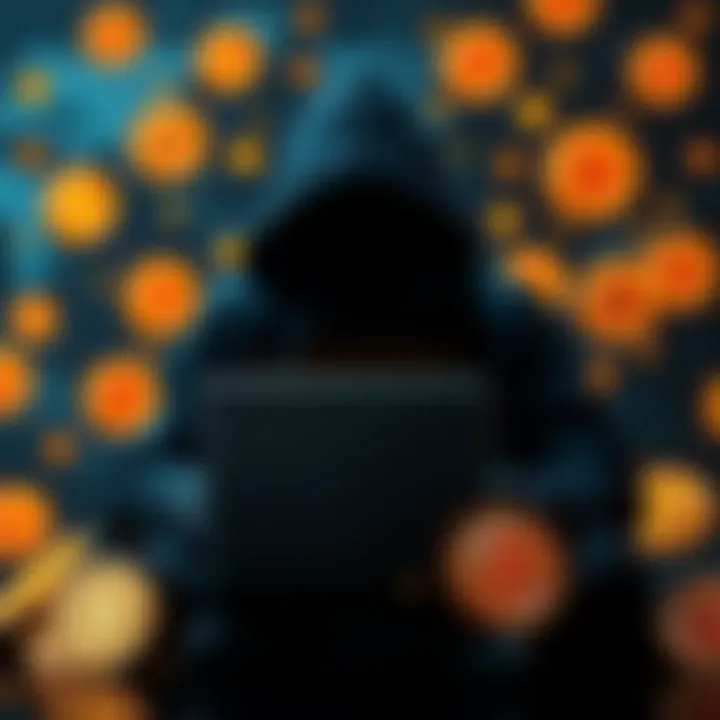 A depiction of a shadowy figure with a laptop surrounded by Bitcoin symbols, representing Shatoshi Nakamoto's potential current status and influence in the crypto world.