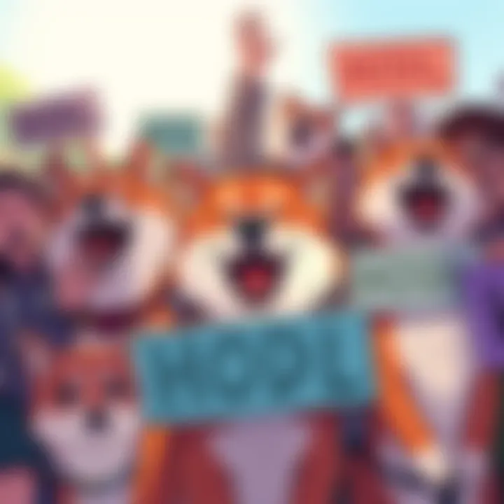 A vibrant illustration showing Shiba Inu dogs with enthusiastic people holding signs to HODL, symbolizing excitement and community spirit.
