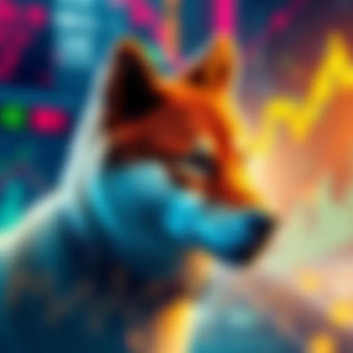 A visualization of Shiba Inu coin with upward trends and financial graphs