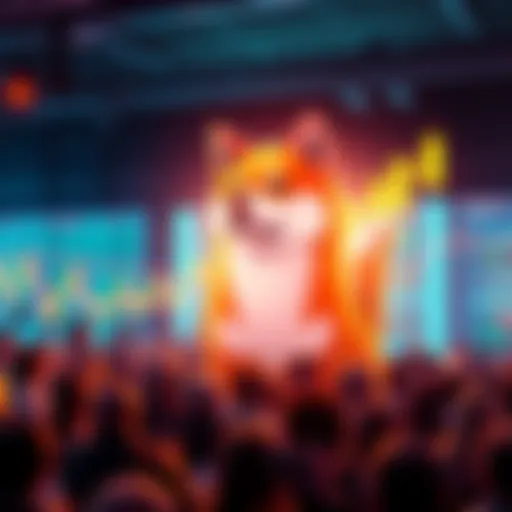 A graphic of the Shiba Inu token symbol with a rising chart behind it, representing potential price growth, with a background of enthusiastic traders discussing in a lively forum setting.