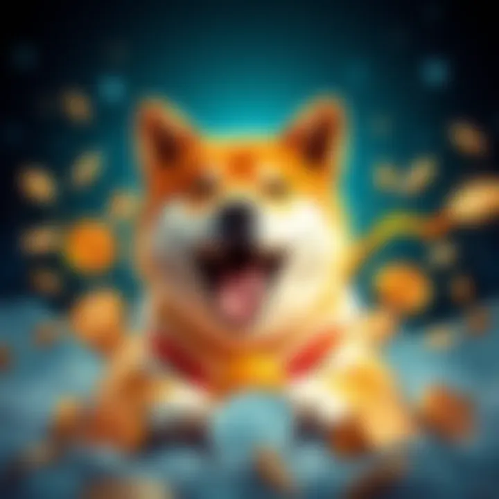 A Shiba Inu dog symbolizes the rise of cryptocurrency with coins around it, showing excitement and growth