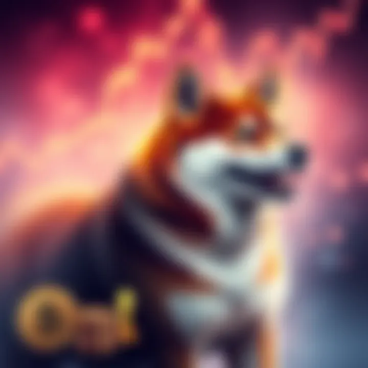 A graphic showing Shiba Inu dog next to rising price chart and coins, symbolizing potential growth in cryptocurrency