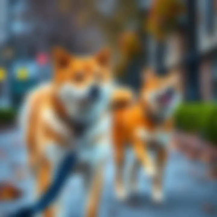 A Shiba Inu on a leash looks anxious while an off-leash dog approaches