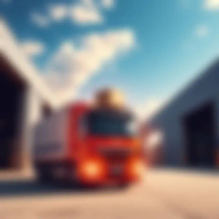 A delivery truck loaded with packages, parked outside a warehouse, with a clear sky in the background.