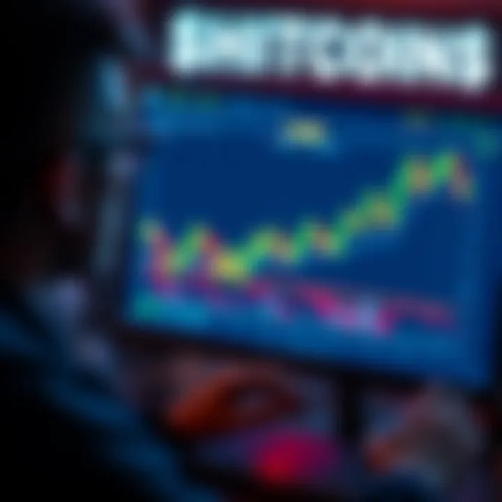 A person looking at a computer screen displaying fluctuating cryptocurrency charts with shitcoins highlighted