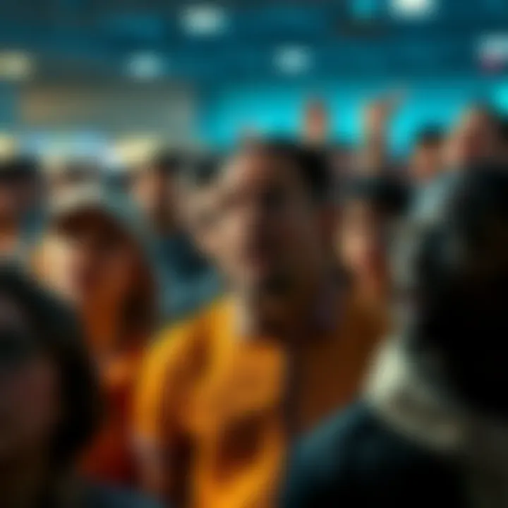 Shocked crowd discussing revelation A diverse group of people reacting with surprise and debate over a recent shocking news event, some with expressions of disbelief and curiosity.