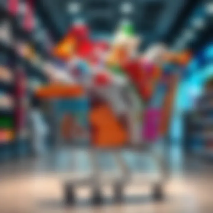 A shopping cart overflowing with various products, highlighting the act of buying in bulk