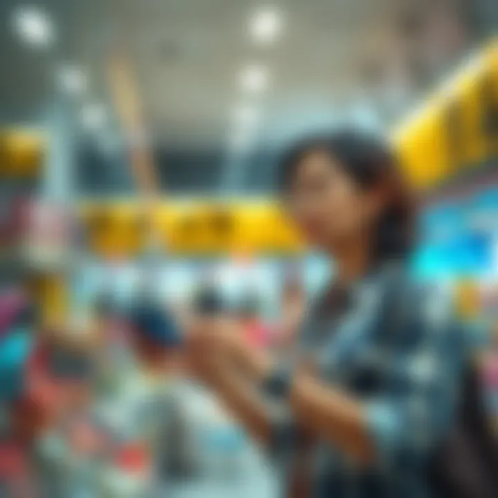 Shopping Mission Experience A person shopping in a local store, looking at products while holding a credit card with a worried expression.
