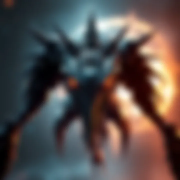 A dark and eerie depiction of the Shrike, with sharp features and metal spikes, set against a glowing, starry background.