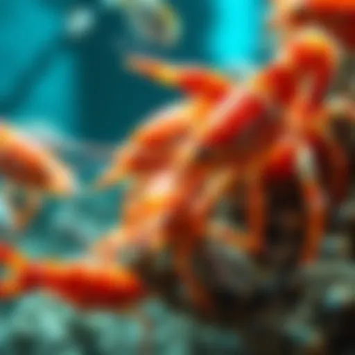 A group of shrimps feeding on crabs and small fish in the ocean