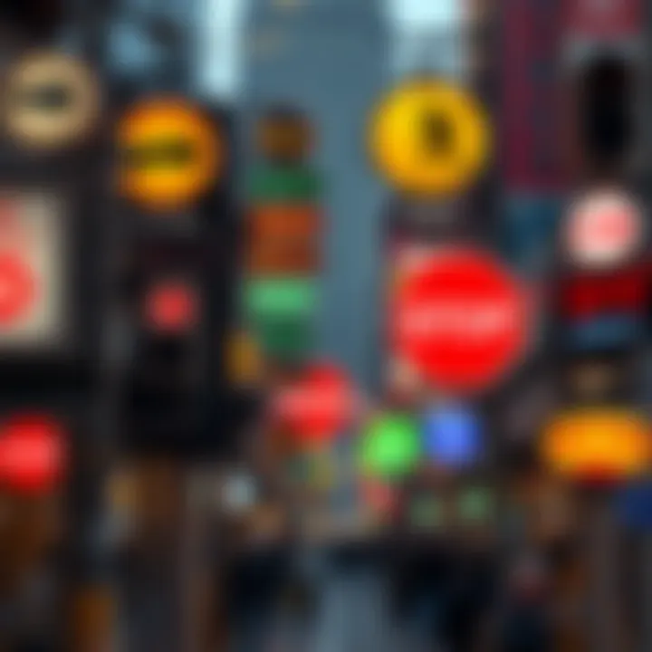 Various signs in a city showing directions and information that affect people's daily choices.
