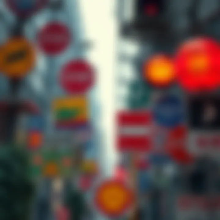 A collage of various signs found in nature and urban settings, including traffic signs, nature signs, and graffiti that convey messages.