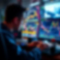 A trader analyzing graphs and charts on a computer screen, focused on straightforward trading strategies, with hints of success in the background.