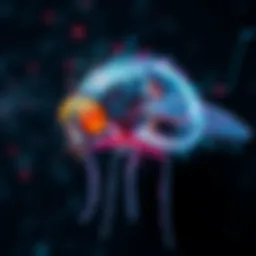 A digital representation of a fruit fly brain used for Bitcoin mining in a web browser, showcasing neural connections and mining graphics.