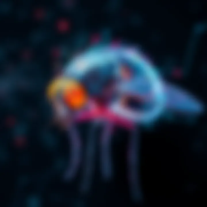 A digital representation of a fruit fly brain used for Bitcoin mining in a web browser, showcasing neural connections and mining graphics.
