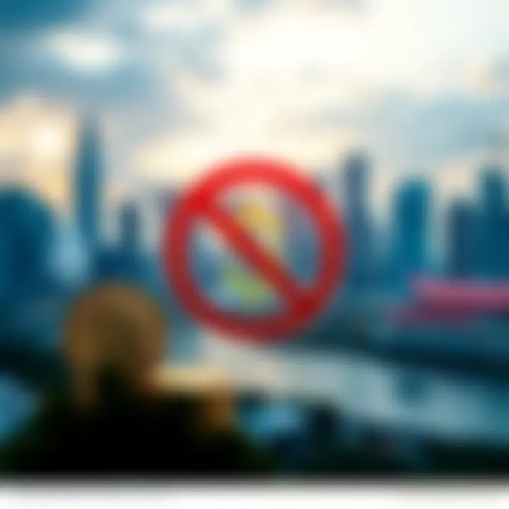 Singapore Stablecoin Regulation A graphic showing stablecoins with a prohibition symbol and a cash symbol indicating payment only. Background includes a skyline of Singapore's financial district.