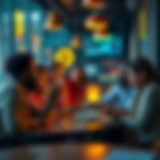 A group of diverse people debating the value of Bitcoin in a cafe, with charts and graphs on their phones