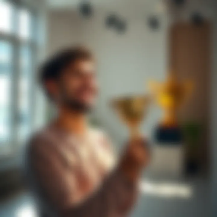 A person smiling while holding a trophy in a bright room, symbolizing the joy of achieving small success