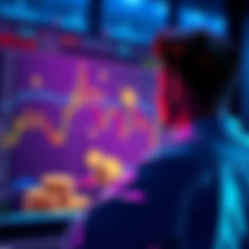 A person contemplating investments in FET, ONDO, SUI, RNDR, and ARB with a digital chart and coins in view