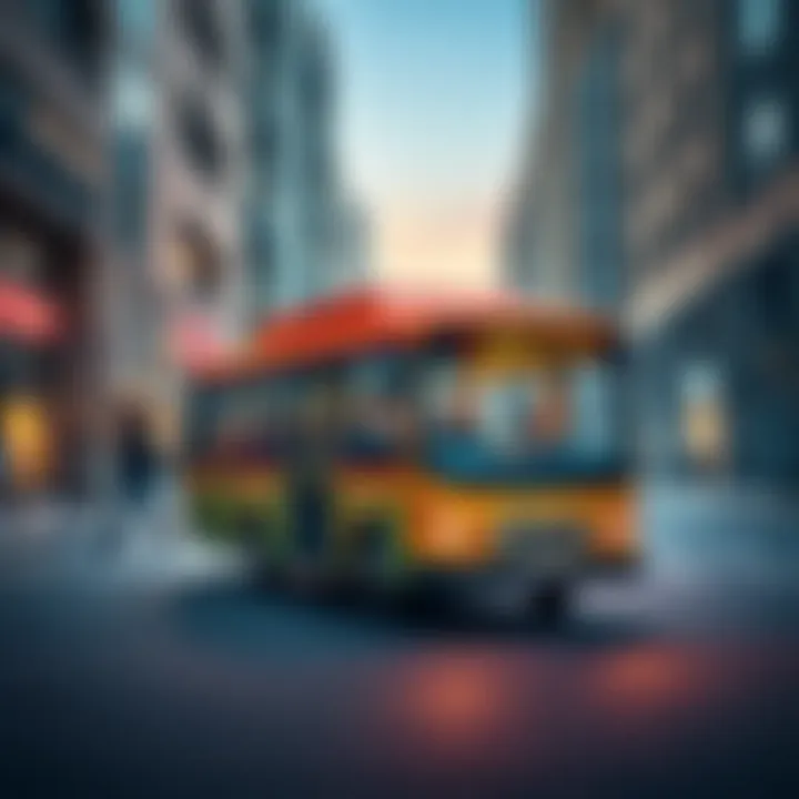 A tiny bus on a city street with people boarding and enjoying the unique travel experience.