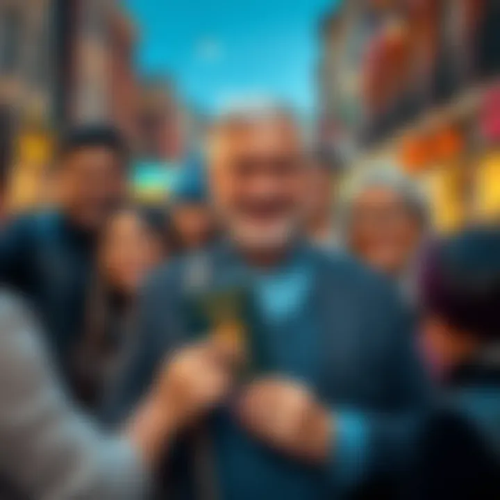 A small town mayor holding a passport, smiling and surrounded by community members, celebrating together.