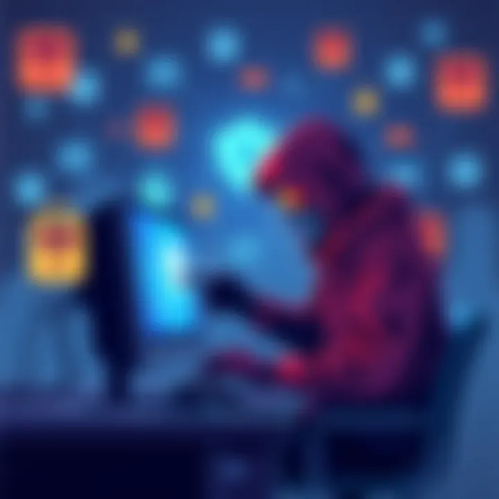 Illustration showing a hacker using a computer to exploit vulnerabilities in a domain management service, with symbols of online security threats in the background.