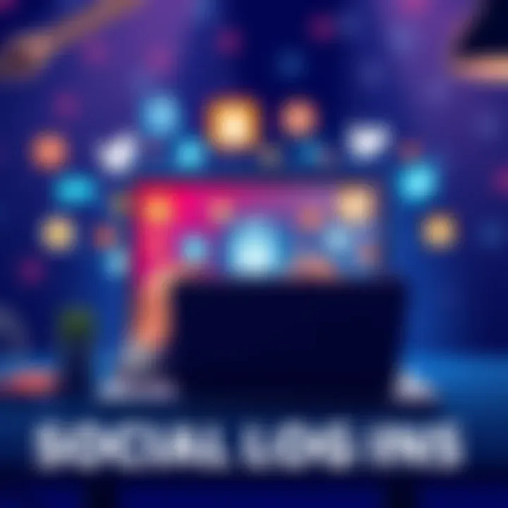 Illustration showing a person using social logins on a laptop with various social media icons around them