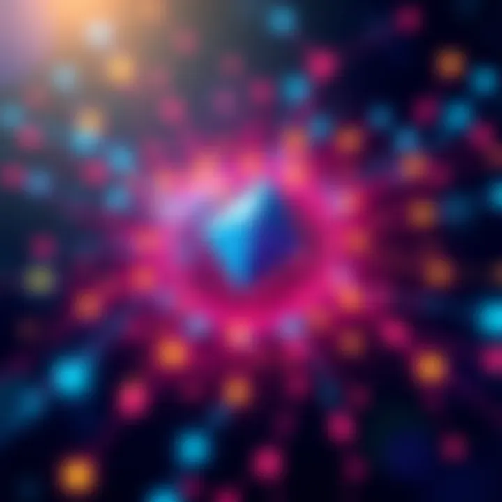Solana Blockchain Concept A visual representation of Solana's blockchain technology with vibrant colors and connections symbolizing speed and efficiency, contrasting with Ethereum's network.